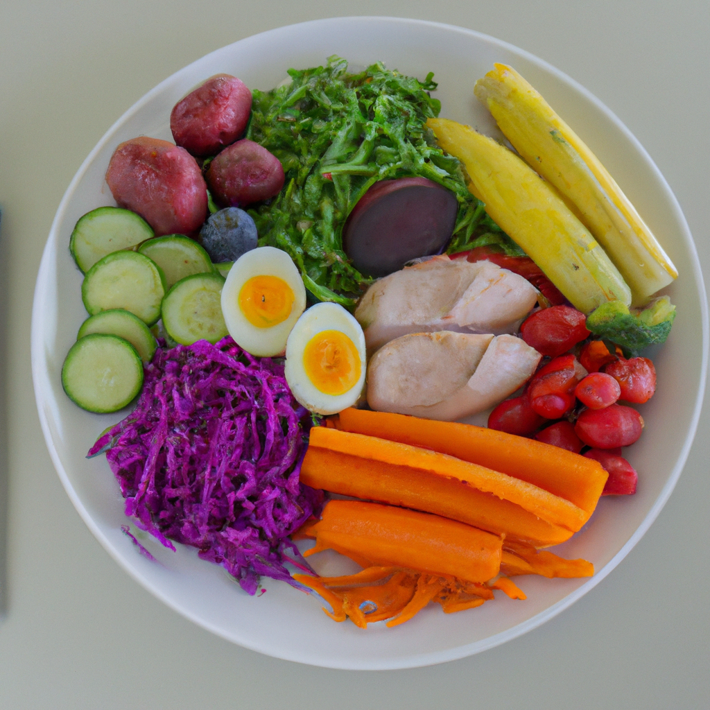 A colorful plate of fresh fruits, vegetables, and lean meats.