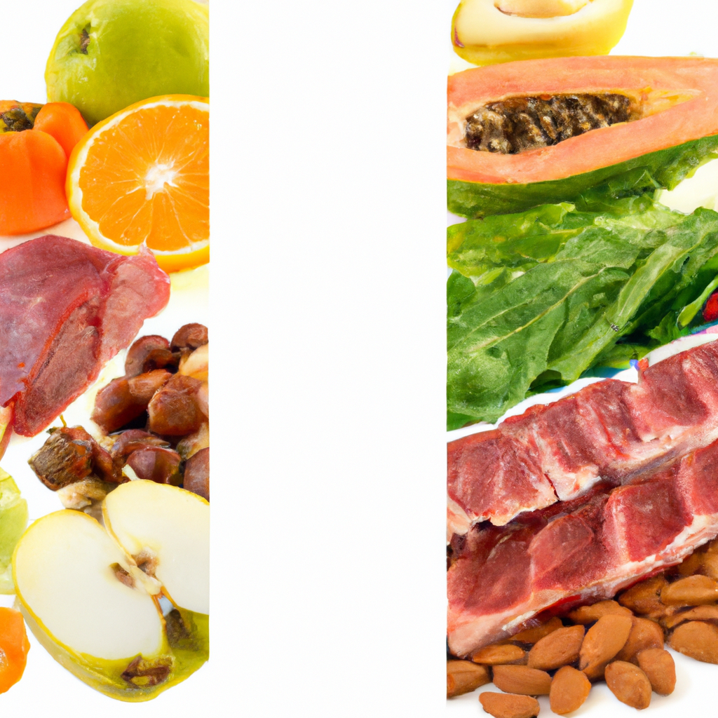 A split image of fresh fruits and vegetables on one side and lean meats and nuts on the other, representing the Paleo and Mediterranean diets for weight loss.