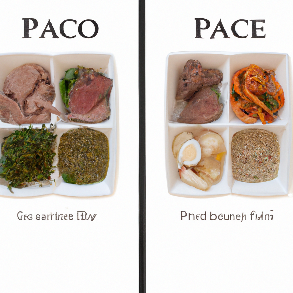 A split image of Paleo and Mediterranean food choices.