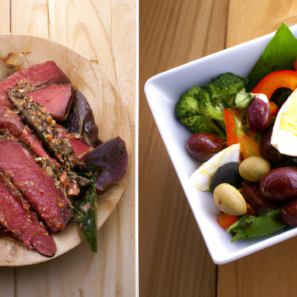 A split image of Paleo and Mediterranean foods.