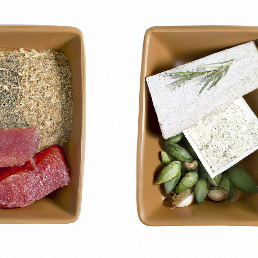 A split image of Paleo and Mediterranean diet foods.
