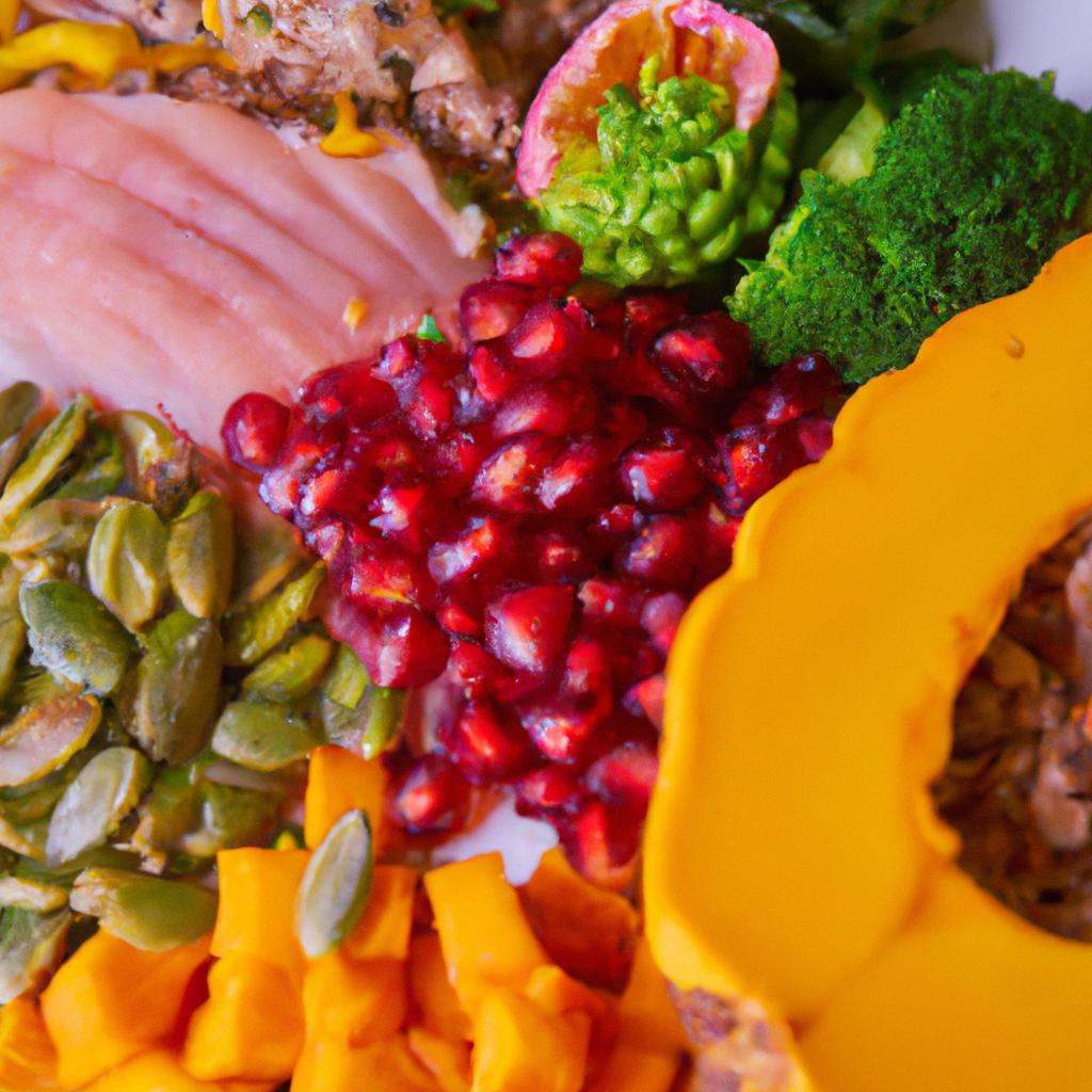 An image of a balanced plate with colorful fruits, vegetables, lean meats, nuts, and seeds.