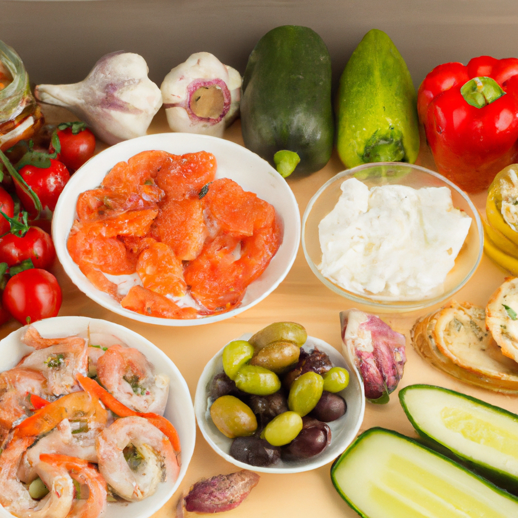Colorful array of Mediterranean diet foods.
