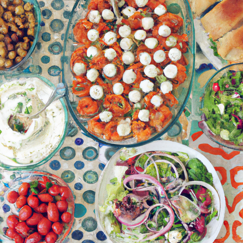 Colorful Mediterranean-inspired meal spread on table.