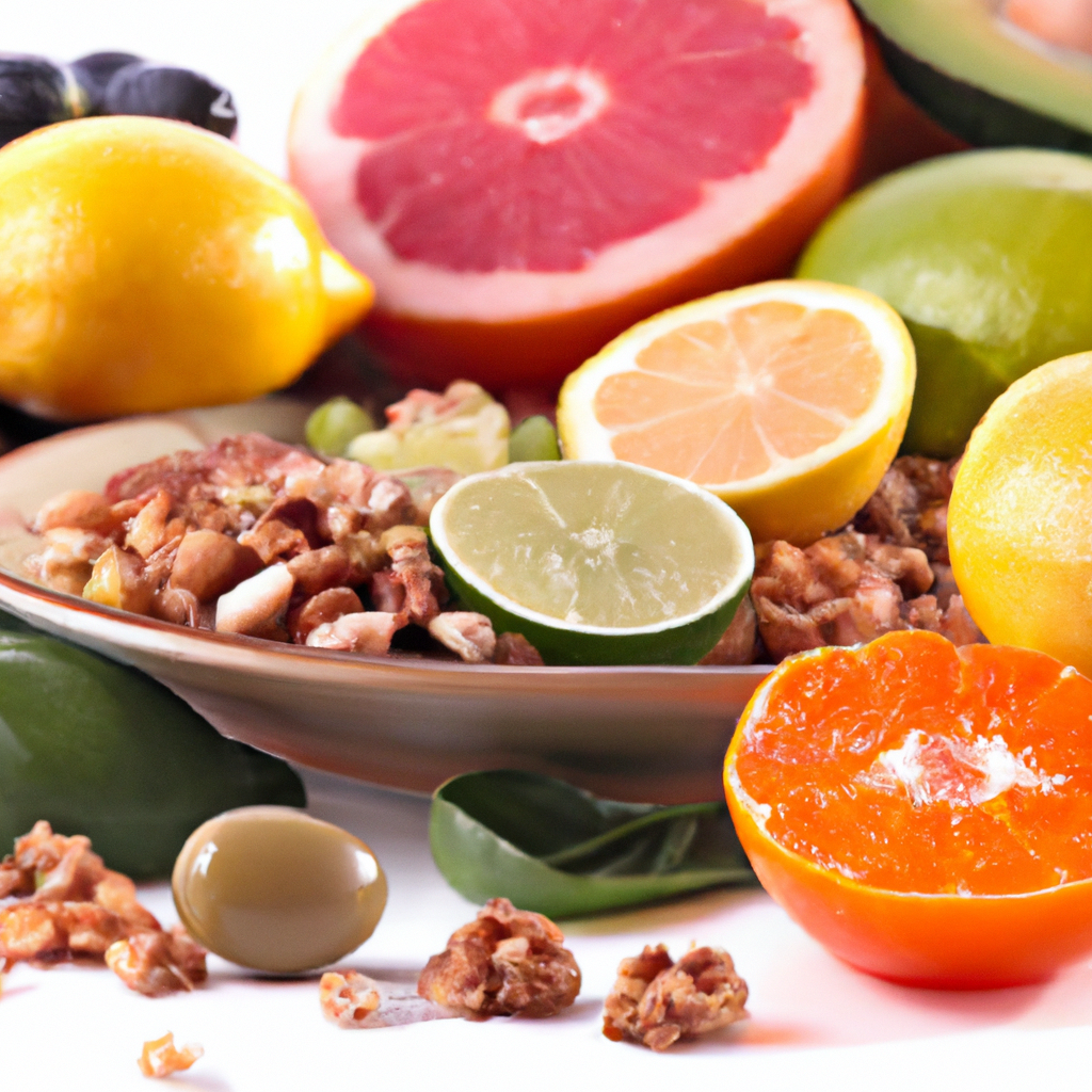 Fresh fruits, vegetables, nuts, and olives.