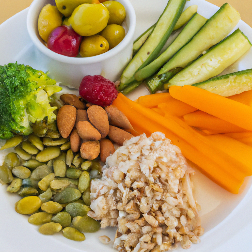 Plate with colorful array of healthy foods.