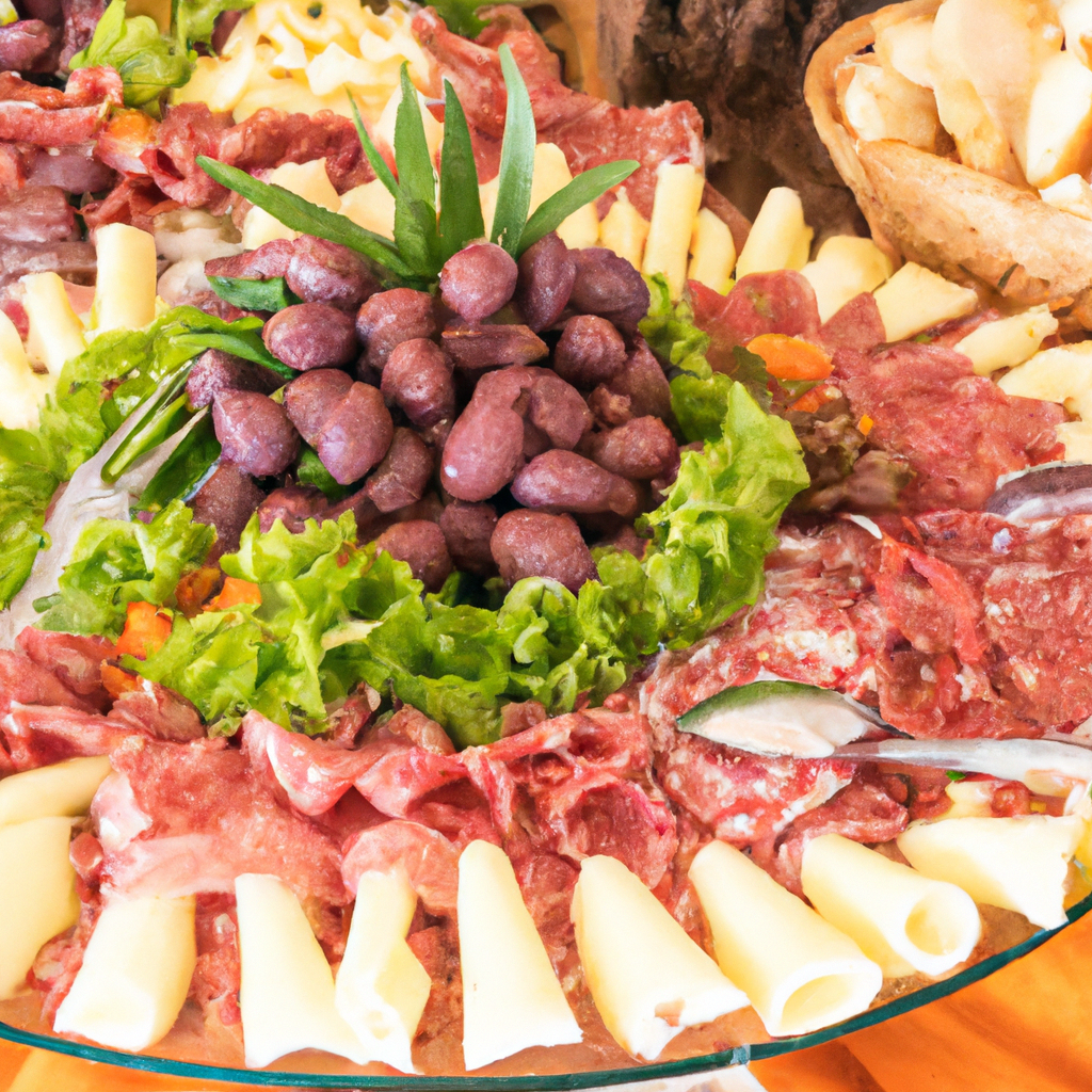 Plate with colorful fruits, vegetables, meats.