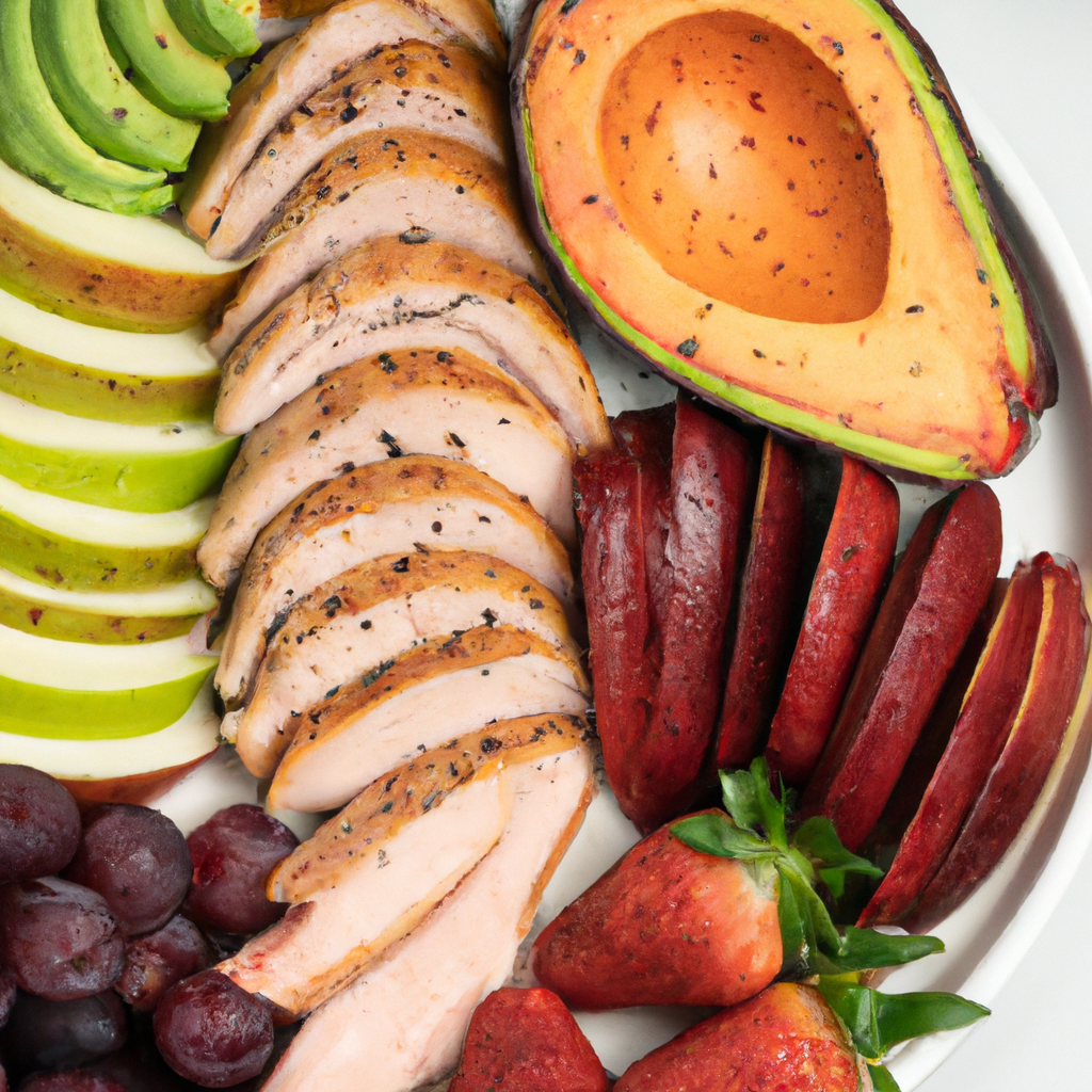 A colorful plate of lean proteins and vibrant fruits and vegetables.
