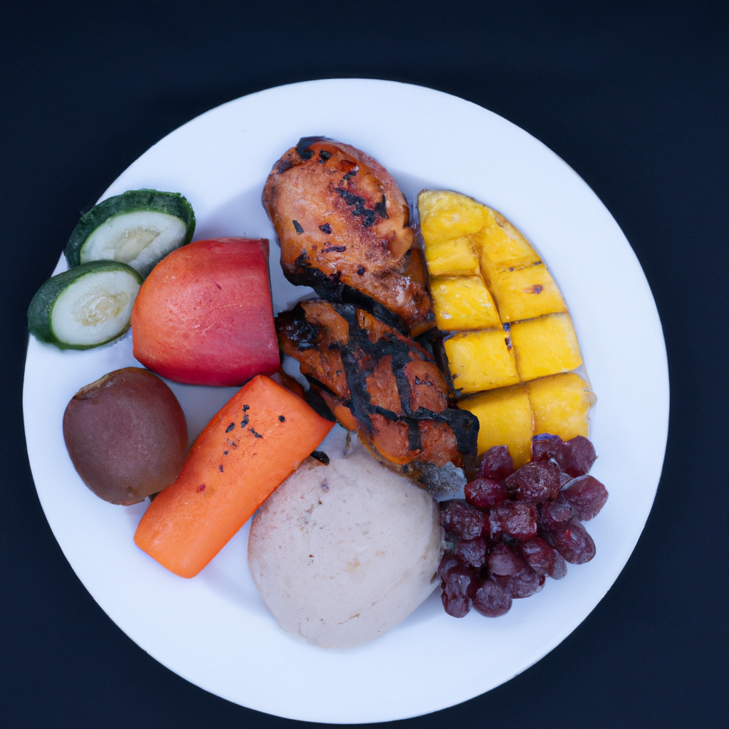 A plate filled with colorful fruits, vegetables, and lean meats.