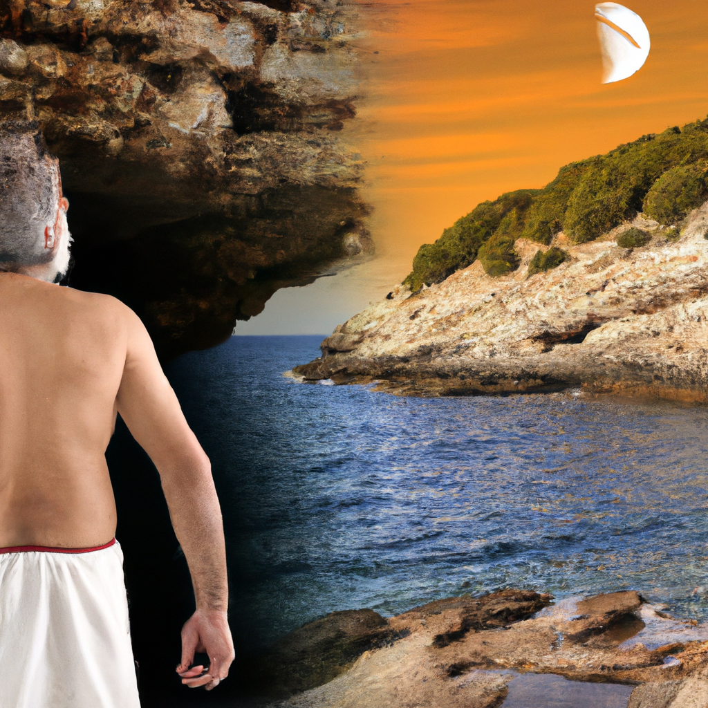 A split image of a caveman and a Mediterranean seaside to represent the Paleo and Mediterranean diets.