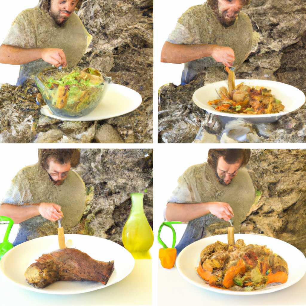 A split image of a caveman and Mediterranean style meal.