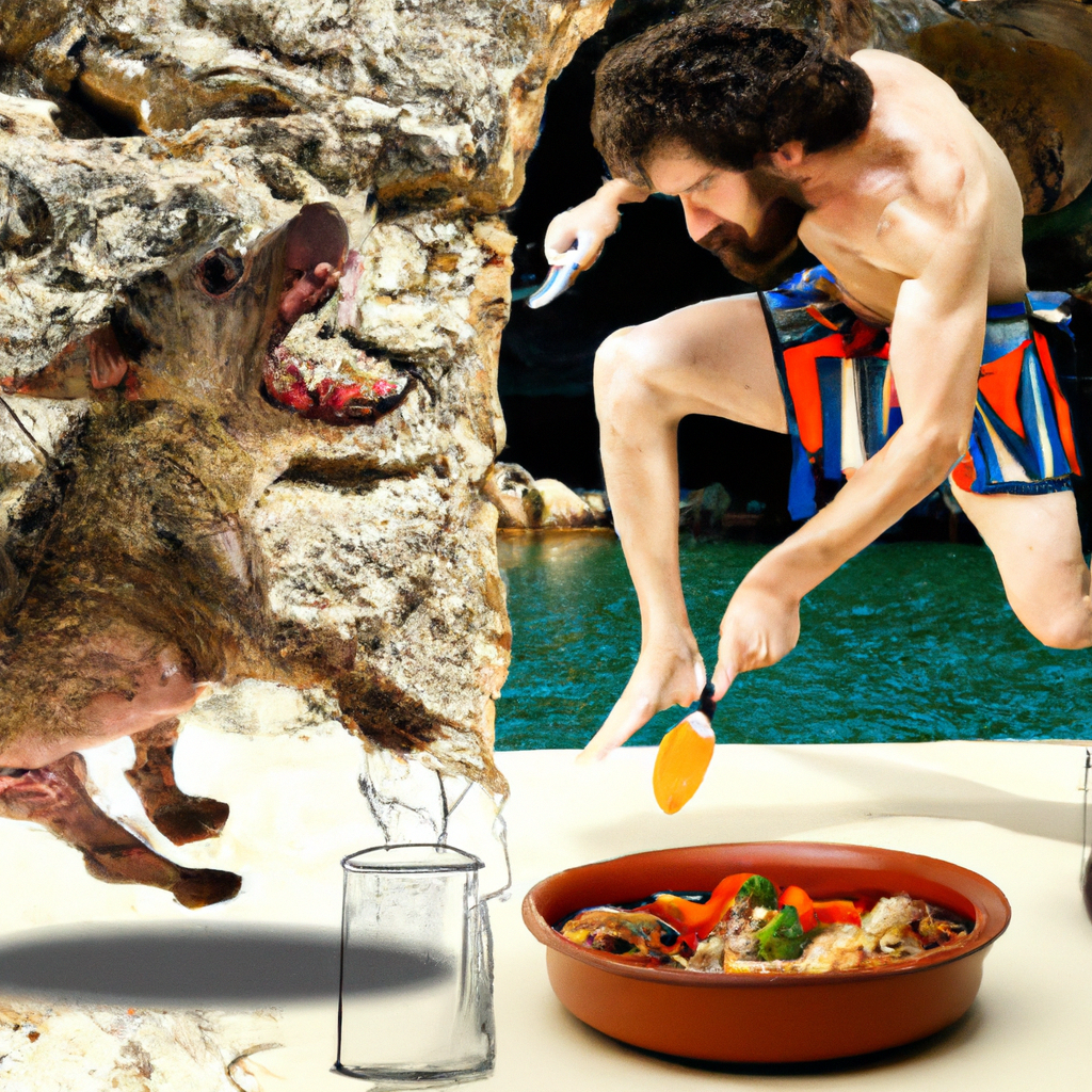 A split image of a caveman hunting and a Mediterranean feast.