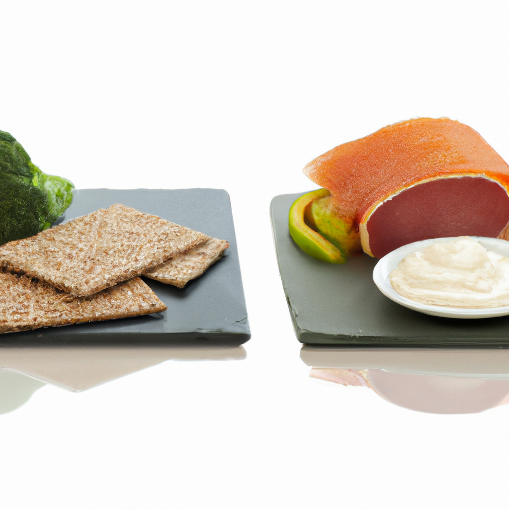 A split image of Paleo and Mediterranean diet foods.