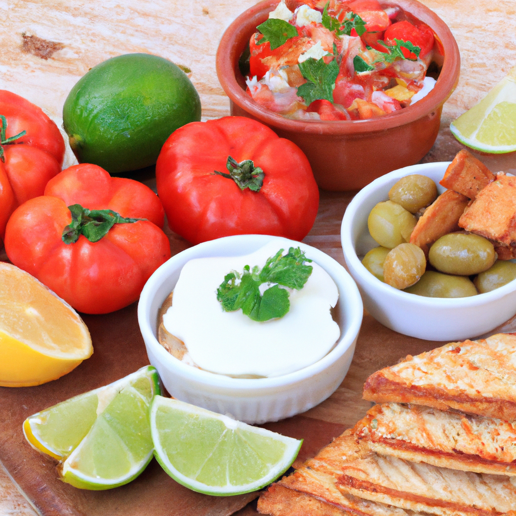 Colorful Mediterranean diet food spread.
