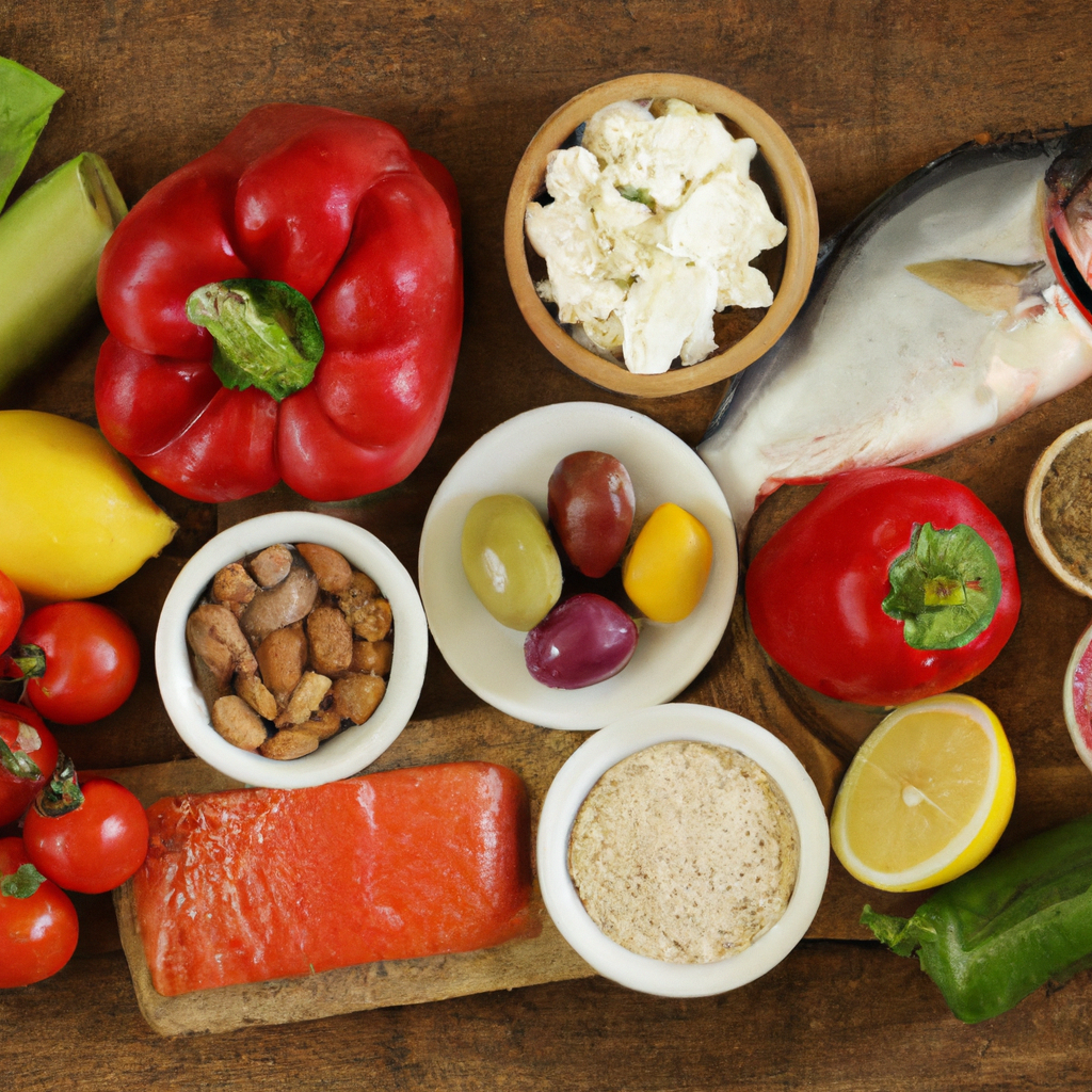 Colorful Mediterranean diet foods on table.