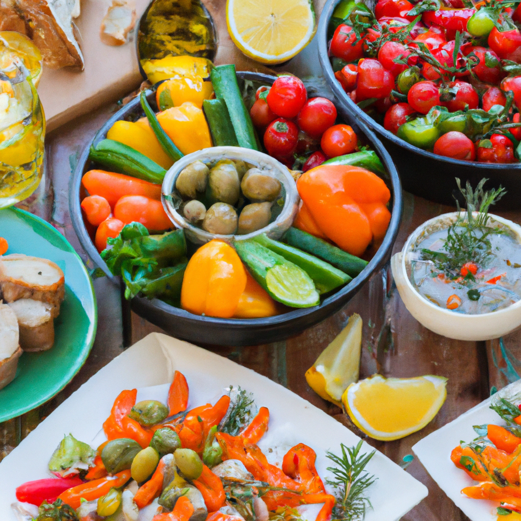 Colorful spread of fresh Mediterranean foods.