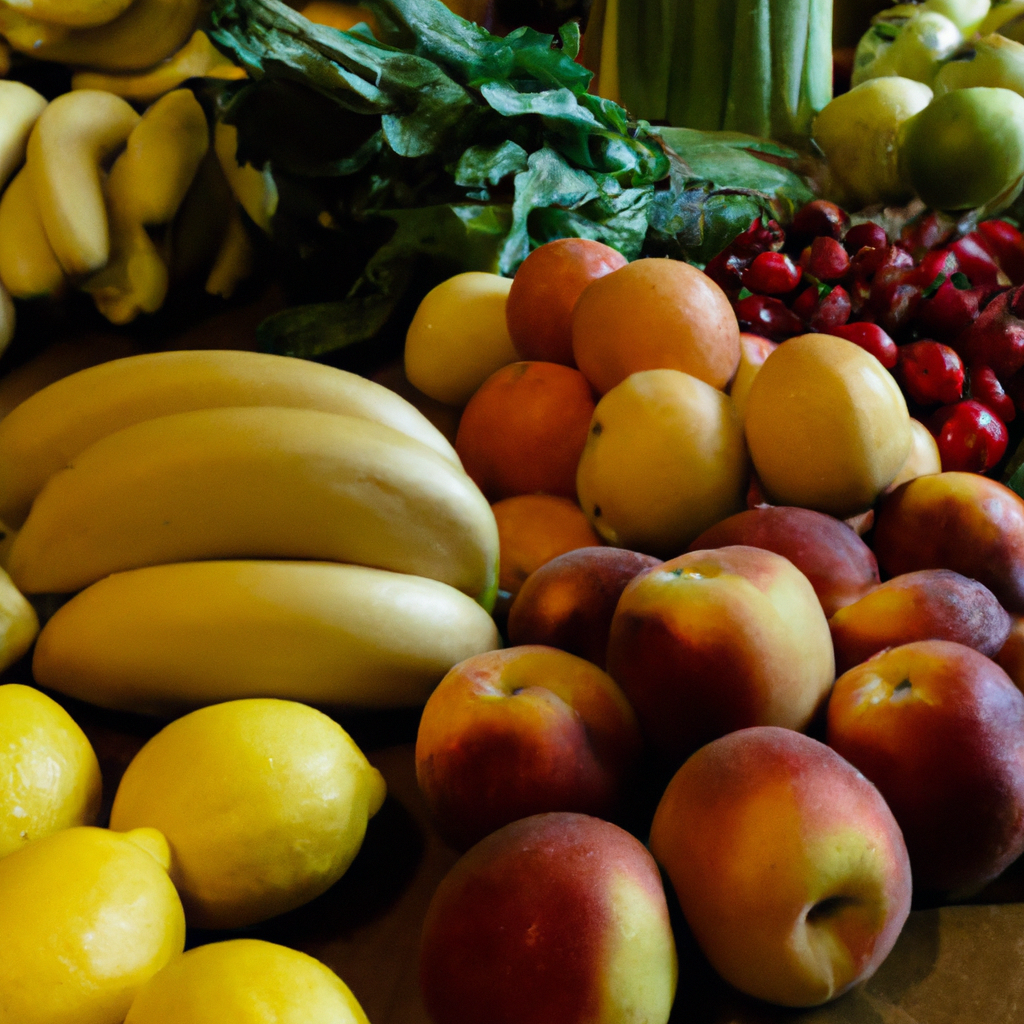 Fresh, colorful fruits and vegetables display.