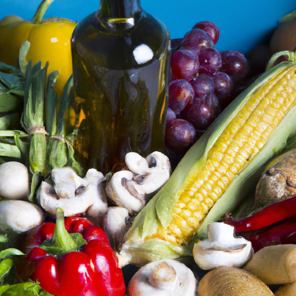 Fresh fruits, vegetables, olive oil abundance.